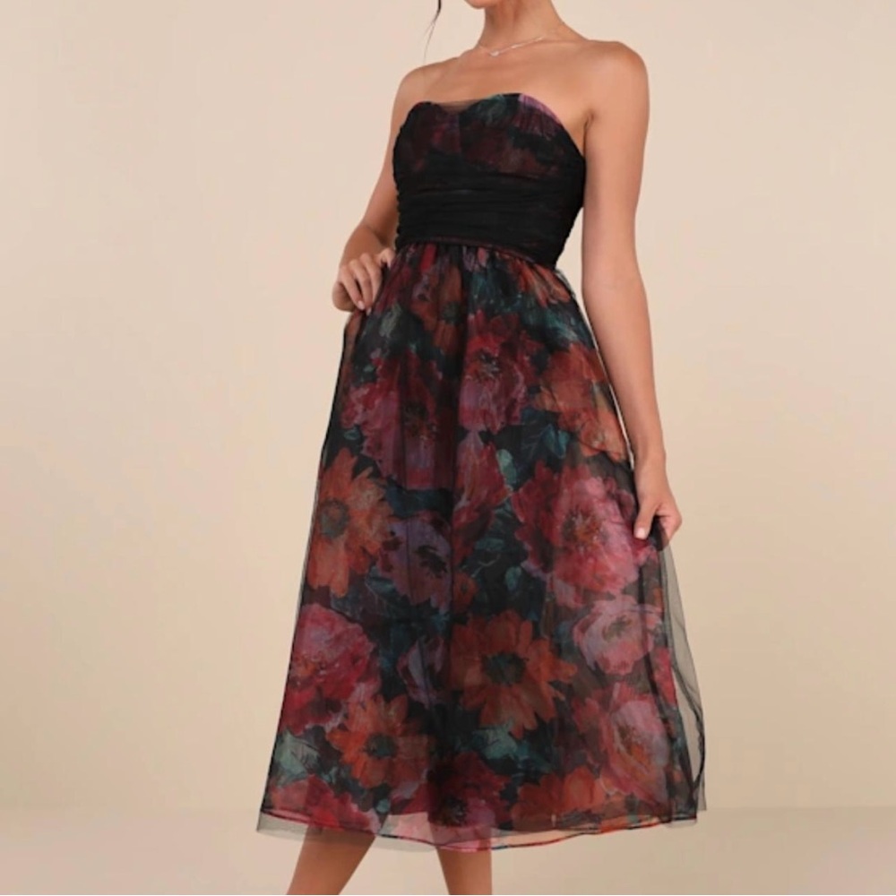 Floral Organza Strapless Dress